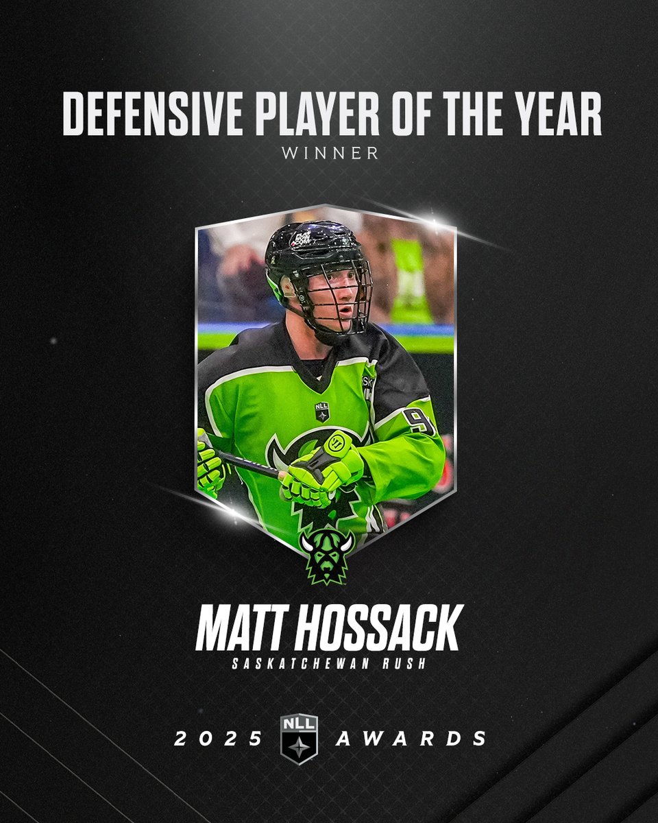 NLL's tweet photo. Congratulations to Saskatchewan Rush defender Matt Hossack on being named the NLL Defensive Player of the Year for the first time in his career. 

Hossack finished the 2024–25 season tied for first in caused turnovers (34), third in blocked shots (26), and collected 129 loose balls.