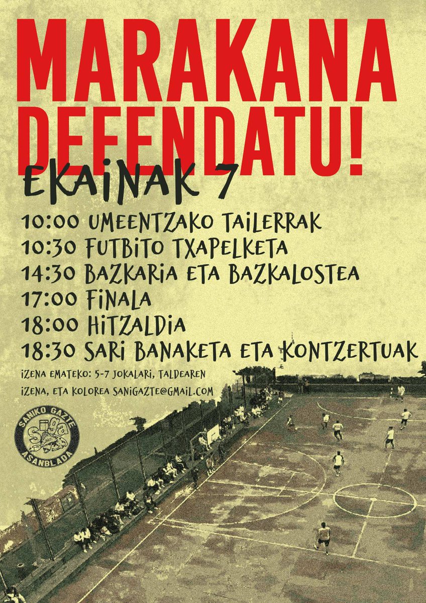 Adi, adi!!! 🔊🔊🔊

Ekainaren zazpian, egun osoko egitaraua antolatu dugu Marakana zelaian, auzokideak batu eta espazio honek auzoan daukan garrantzia agerian uzteko. Laster zehaztapen gehiago, gorde data eta adi sareetara!

Marakana defendatu!!