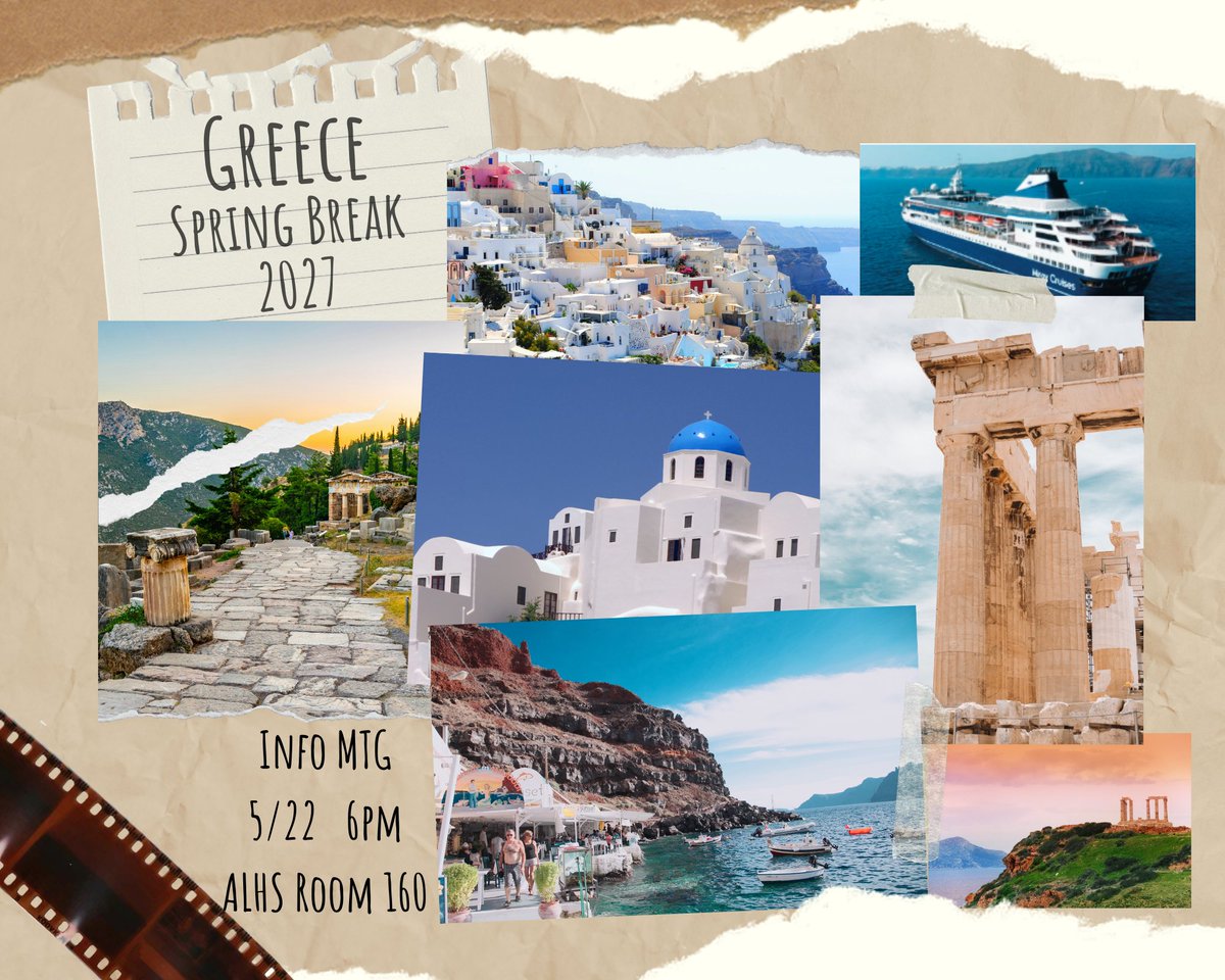 MmeMarsala's tweet photo. Dream about traveling the world? Come to our informational meeting on May 22 at 6:00 PM in room 160 at ALHS to learn about our Spring Break 2027 student trip to Greece. Your family can RSVP to the meeting here: https://t.co/6CGkc1gnr4  @AvonLakeSchools https://t.co/xtxW8UKyLH