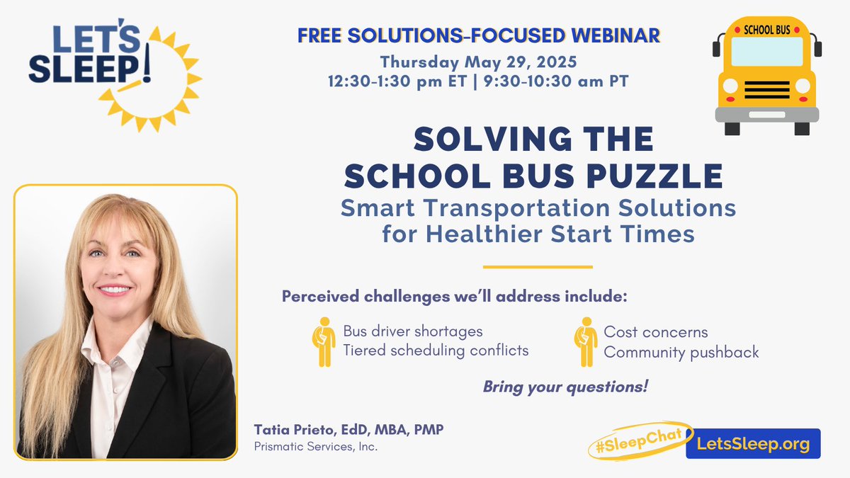 Please join us for this free #webinar to learn how to put the school bus puzzle together to improve student attendance, health, mental health, safety, and performance in school, sports, and on the road
#startschoollater #ItCANbedone
Tinyurl.com/PrietoWebinar