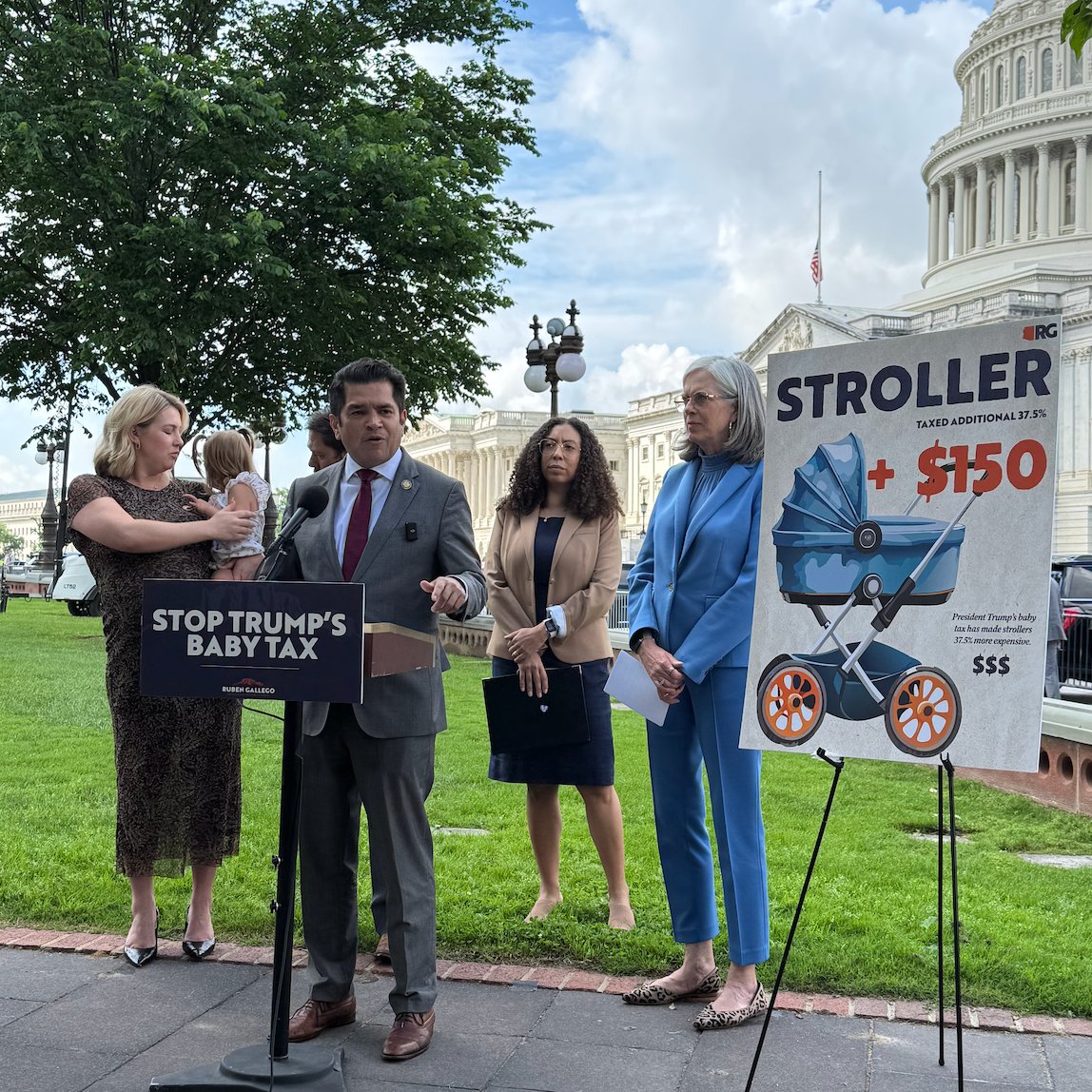 TCFdotorg's tweet photo. Today TCF’s @AngelaHanks joined @SenRubenGallego, @WhipKClark, @RepJimmyGomez, and the @DadsCaucus to highlight how Trump’s policies are placing a baby tax on parents.

"Trump is making it more expensive for everyone in this country, but it's especially hurting parents trying to raise their kids. His reckless across-the-board tariffs have imposed what's essentially a baby tax on families. They've made strollers more expensive, car seats, cribs — all the things parents have to buy for their children.

And it's not just the tariffs. Companies are using this as an excuse to raise prices even further. Parents are getting squeezed from all sides, making it harder than ever to raise a child in this country." 

—Angela Hanks, TCF Chief of Policy Programs