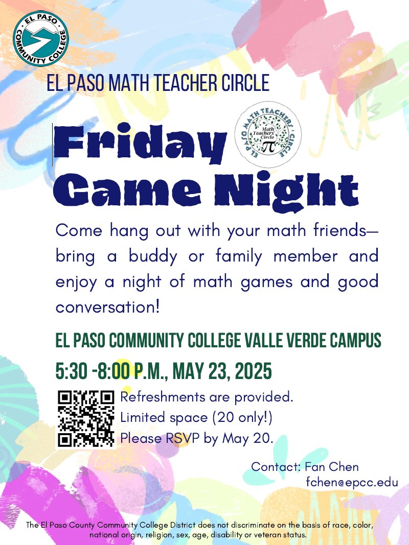 EPMTC Friday Game Night is May 23, 5:30–8:00 PM at EPCC Valle Verde (Room AST 243)! 🎲
✅ Math games &amp; networking 
✅ 20 spots—RSVP required! 
✅ Light dinner provided
📍 EPCC Valle Verde Campus (919 Hunter Dr.)
Tag a friend &amp; RSVP now!
<a href="/fanchen2007/">Fan Chen</a> 
forms.office.com/pages/response…