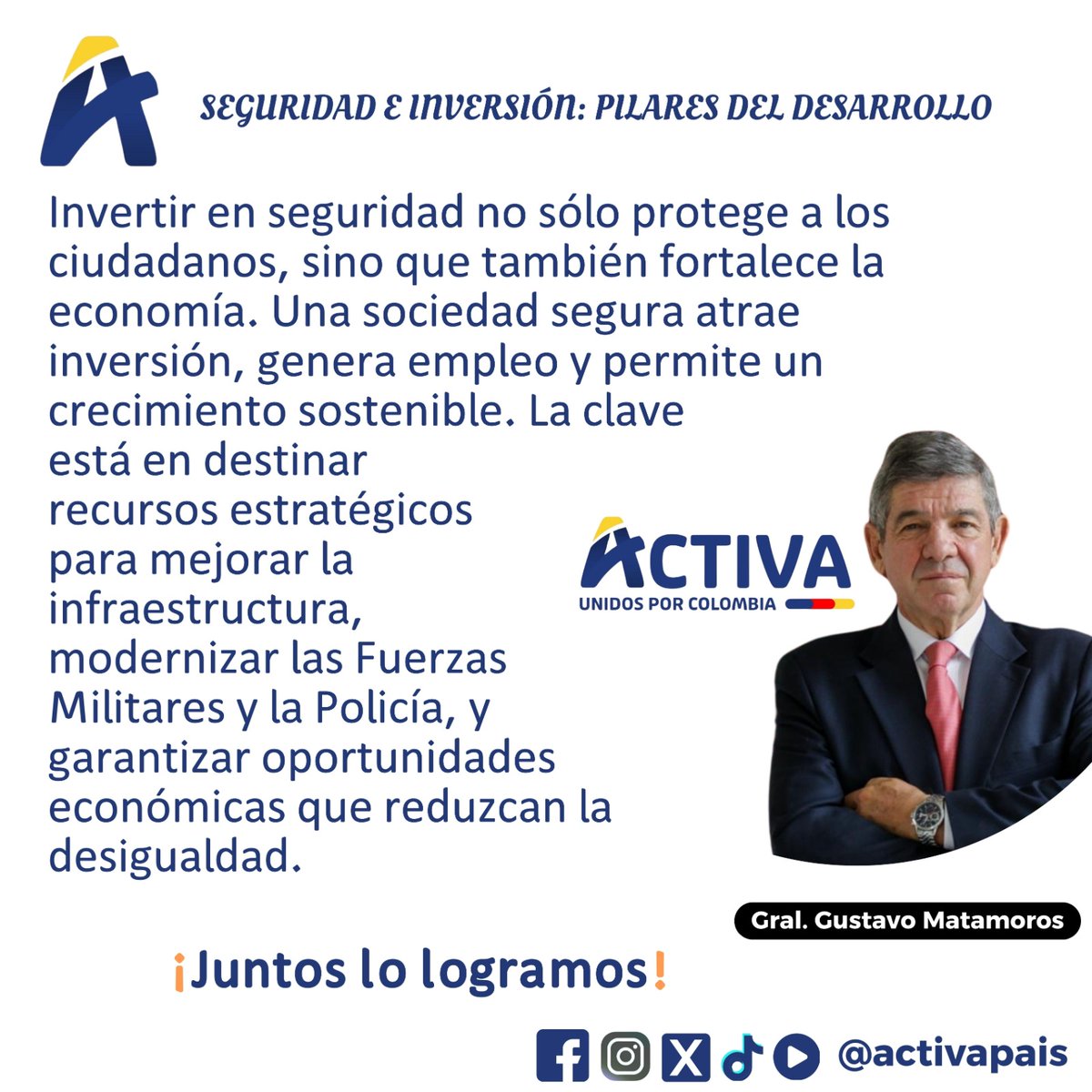 gnralmatamoros's tweet photo. Una Colombia segura es una Colombia próspera. Sin seguridad, no hay inversión. Con inversión, hay empleo y desarrollo ¿Qué opinas?
#SeguridadEsDesarrollo #InvertirEnSeguridad #SeguridadYProgreso #CrecimientoSeguro #GeneralGustavoMatamoros #Elecciones2026 #Activa #Colombia https://t.co/AOgNc3c4HK