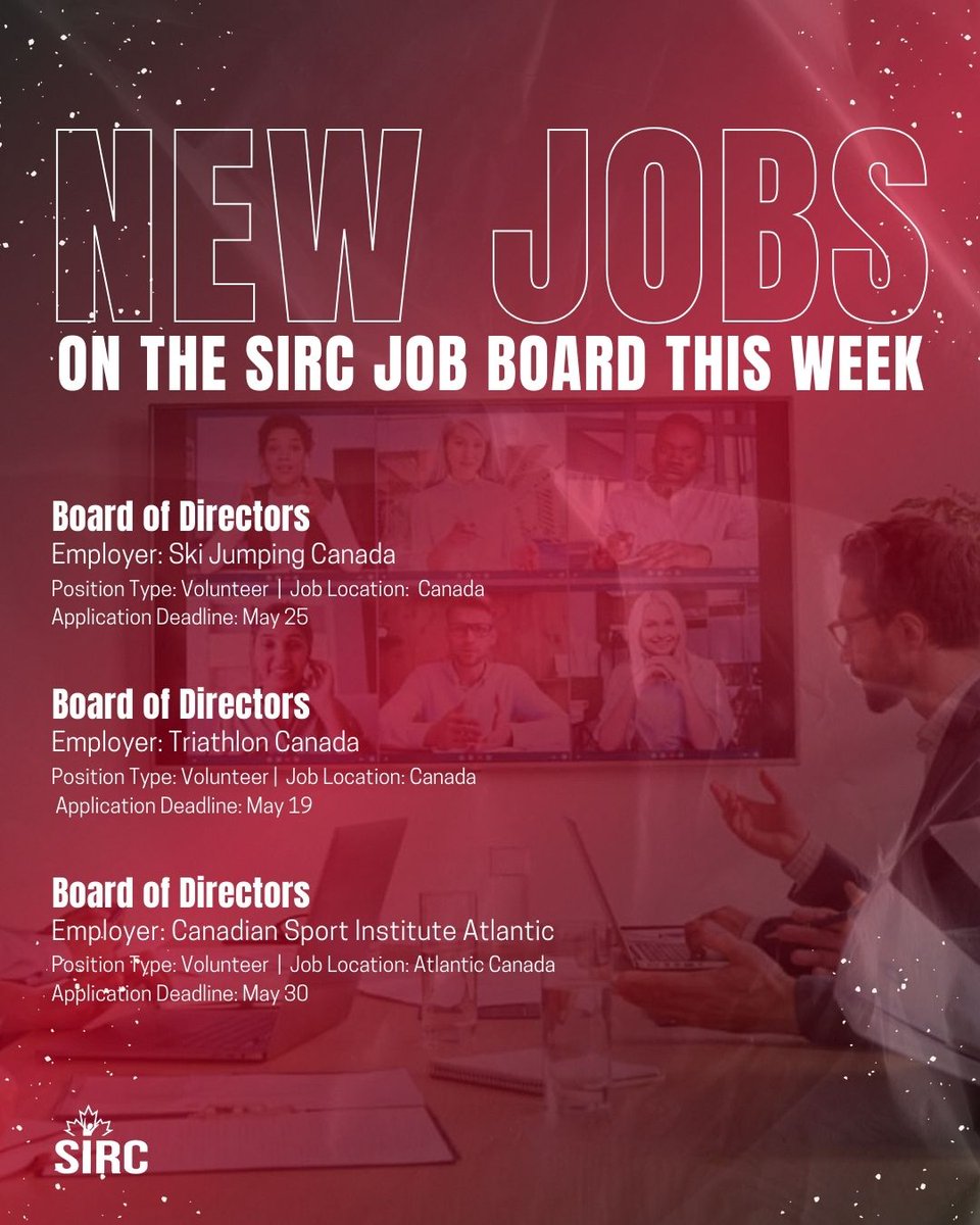Turn your passion for sport leadership into impact! 💼
Explore new volunteer Board of Directors roles now on the SIRC Job Board:
✨ <a href="/SJ_can/">Ski Jumping Canada</a> 
✨ <a href="/TriathlonCanada/">Triathlon Canada</a> 
✨ <a href="/CSIAtlantic/">Canadian Sport Institute Atlantic</a> 
Apply now ➡️ bit.ly/3S3u2mI