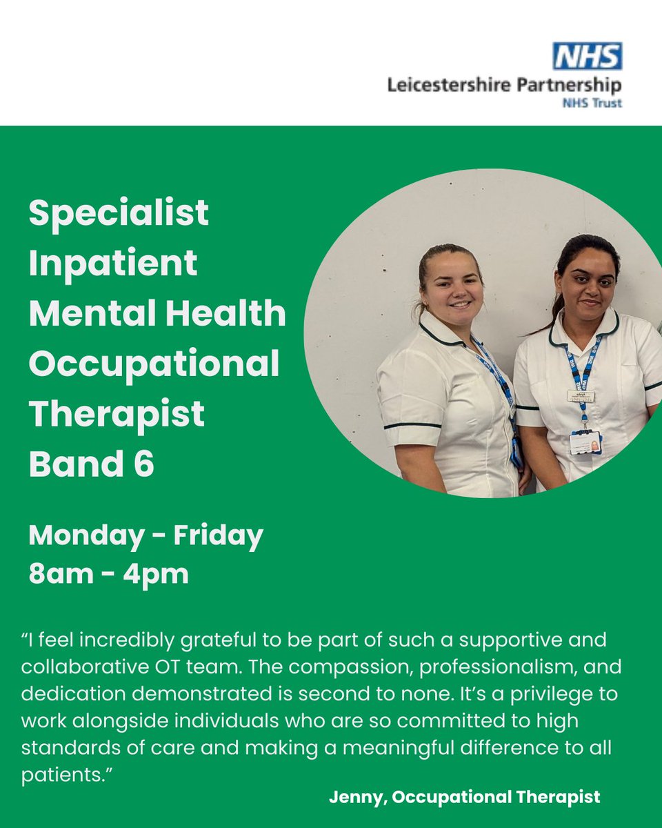 An exciting opportunity has arisen for an experienced Occupational Therapist to join our Inpatient Occupational Therapy Team at the Bradgate Mental Health Unit, on our acute wards.

Come and  join our large friendly Occupational Therapy team jobs.leicspart.nhs.uk/Job/JobDetail?…