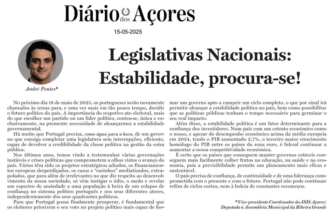 andrefmpontes98's tweet photo. ✒️ Hoje, no Diário dos Açores! 

📰 Partilho convosco o meu mais recente artigo de opinião, uma reflexão sobre as eleições legislativas do próximo dia 18 de maio e o impacto das escolhas eleitorais para o futuro do nosso país.

#Portugal #Açores #Eleições #LegislativasNacionais https://t.co/WayEMIxja2