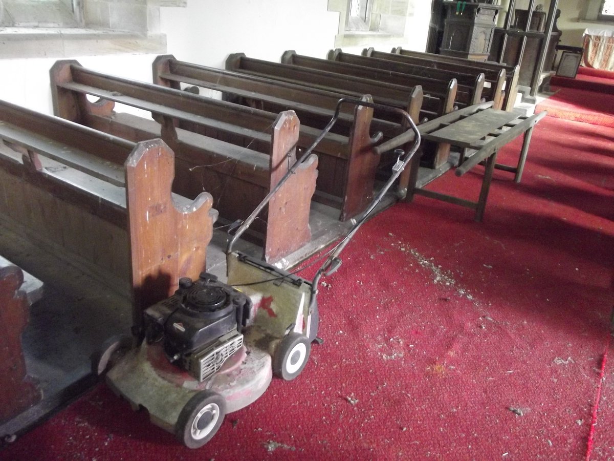 PosyHill1's tweet photo. @frederickone @CathyRLowe Endlessly amusing, as recognised in a small (and select) corner church crawling Twitter where we’ve been known to go into raptures over wheelie bins, cones, watering cans, #FireExtinguishersInChurches #ChurchClutter & even lawnmowers 😂Am I right? @CathyRLowe https://t.co/MNlT58CJ3v