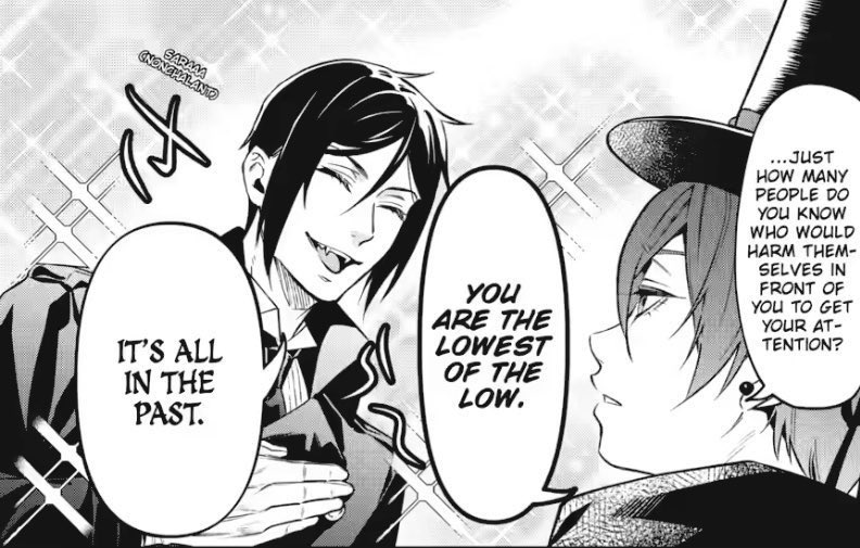 kuro__holic's tweet photo. SPOILER‼️‼️

sebastian really hit him with the “babe, I’m not who I used to be. I’ve changed for you” 😭 and ciel not having it??? this ch was a masterpiece https://t.co/J37BESwRk7