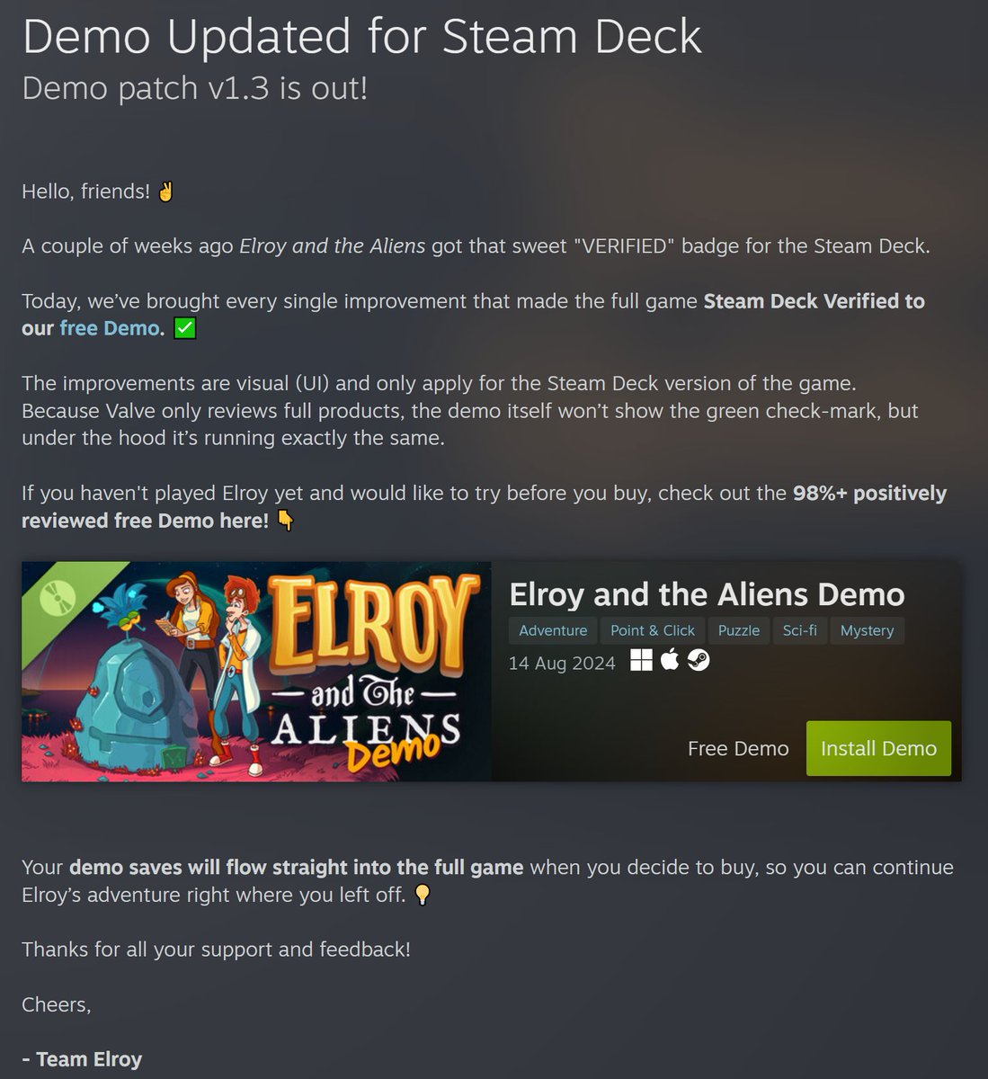 Hesitating to get the full Elroy and the Aliens game? 
The free Demo is still up and we just updated it! 

👉 98%+ Demo review score
👉 Your Demo saves will transition to the full game

#AdventureGame #indiegame