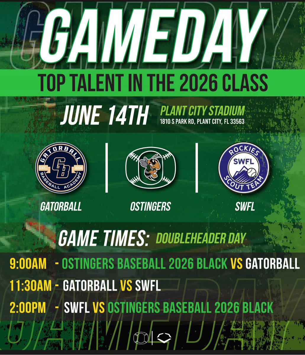 ⚾️GAMEDAY⚾️

👑Top talent in the 2026 class Ostingers Baseball, Gatorball, SWFL

📅 Date: June 14th

⏰ Game Times: 
9am - Ostingers Baseball 2026 Black vs Gatorball
11:30 am - Gatorball vs SWFL
2pm - SWFL vs Ostingers Baseball 2026 Black

🏟️ Location: Plant City Stadium