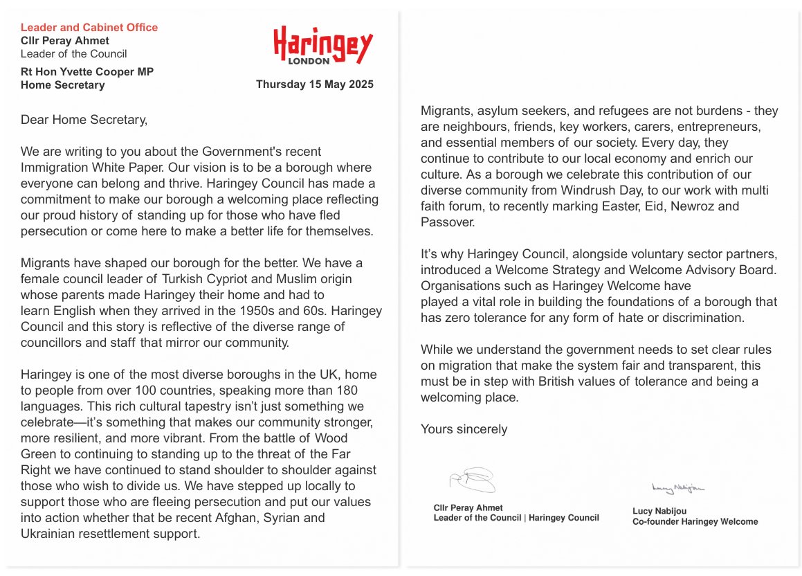 'Our vision is to be a borough where everyone can belong and thrive'

We have written to Home Secretary <a href="/YvetteCooperMP/">Yvette Cooper</a> about the recent immigration White Paper.

Leader <a href="/perayahmet/">Peray Ahmet</a> &amp; <a href="/HaringeyWelcome/">Haringey Welcome</a> have restated our commitment to being a borough that celebrates our diversity.