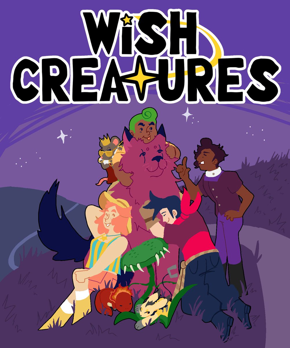 Introducing the new key art for Wish Creatures, illustrated by <a href="/spacemartens/">marty to the moon 🚀🌙</a>! Friends, allies, monsters, and stars... what awaits on your journey through the land of Monstoria?  
#solodev #indierpg #monstertamer