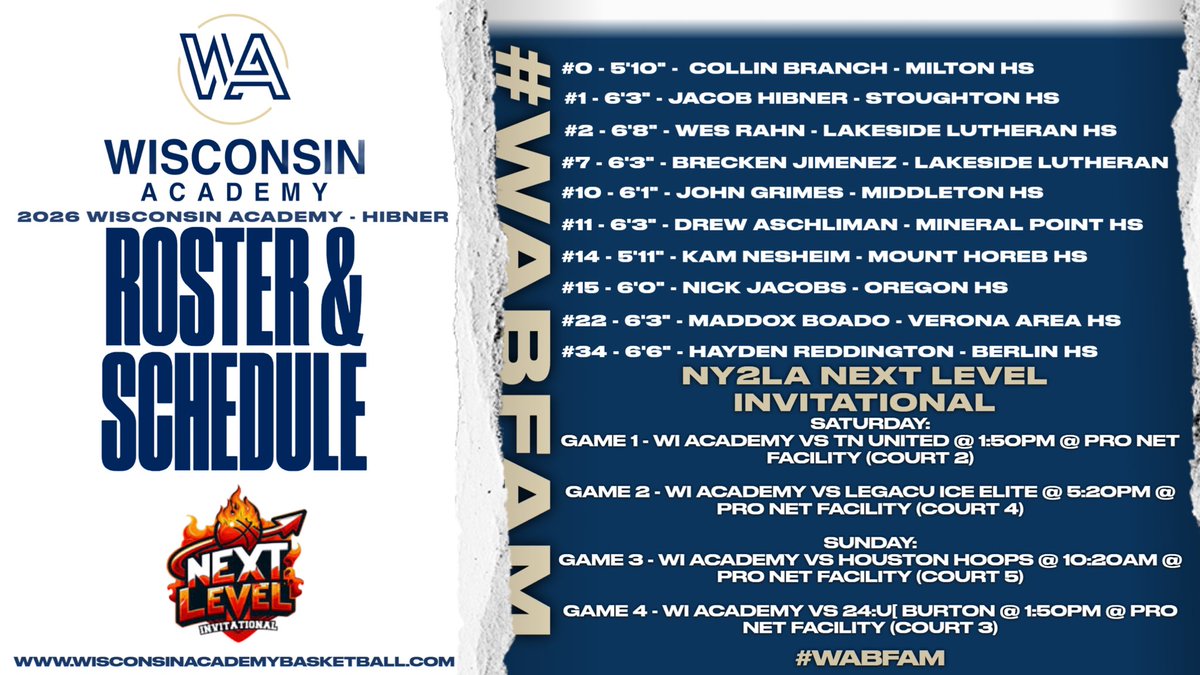 Wisconsin Academy (@wiscoacademy) on Twitter photo 2026 6’3” G Jacob Hibner (<a href="/Jacob_Hibner1/">Jacob Hibner</a>) & 6’8” F Wes Rahn (<a href="/rahn_wes/">Wes Rahn</a>) have been listed as 17U Prospects to watch this weekend at the <a href="/ny2lasports/">NY2LA SPORTS</a> Next Level Invitational in Indy!
#WABFam 2026 6’3” G Jacob Hibner (<a href="/Jacob_Hibner1/">Jacob Hibner</a>) & 6’8” F Wes Rahn (<a href="/rahn_wes/">Wes Rahn</a>) have been listed as 17U Prospects to watch this weekend at the <a href="/ny2lasports/">NY2LA SPORTS</a> Next Level Invitational in Indy!
#WABFam