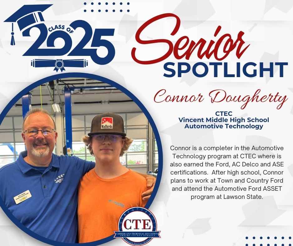 During the month of May, we are spotlighting seniors who are in our CTE programs who plan to pursue a career in that same program! Congratulations to Ben Parton from Calera High School! #senior #VMHS #automotivetechnology