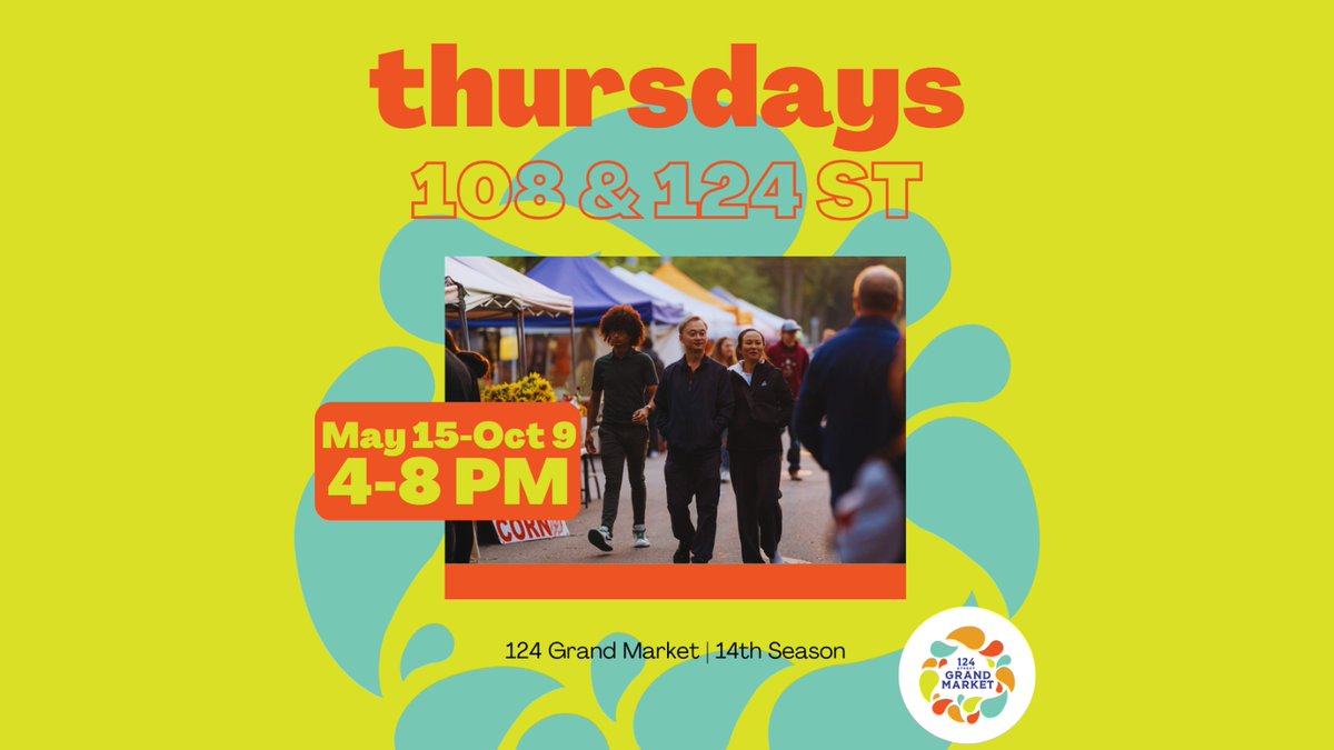 The <a href="/124GrandMarket/">Grand Markets Edmonton</a> is back May 15–Oct 9! 🎉
Shop local every Thursday, 4–8 PM, and enjoy food trucks, handmade goods, skincare, coffee, Distilleries &amp; more.

📍12310 108 Ave NW
🌐 124grandmarket.com
#124GrandMarket #YEGmarkets #ShopLocal