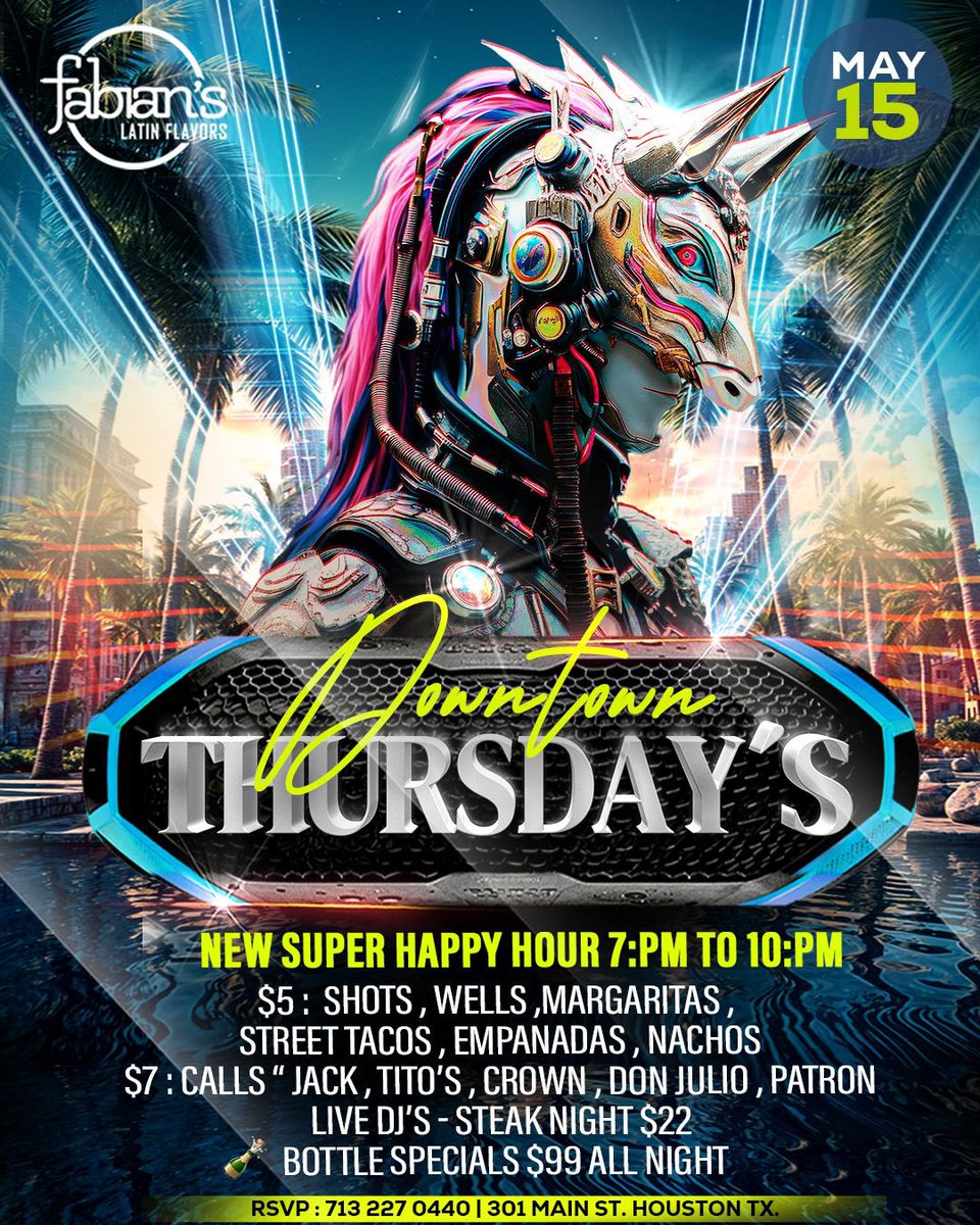 komasalazar's tweet photo. 💥THURSDAY. Steak Night &amp; Happy Hour starting 7P. At Fabian’s Latin Flavors.
FOOD | DRINKS | DJ’S | RUMBA.

301 Main St. Houston Tx. https://t.co/FSylMy5hJ7