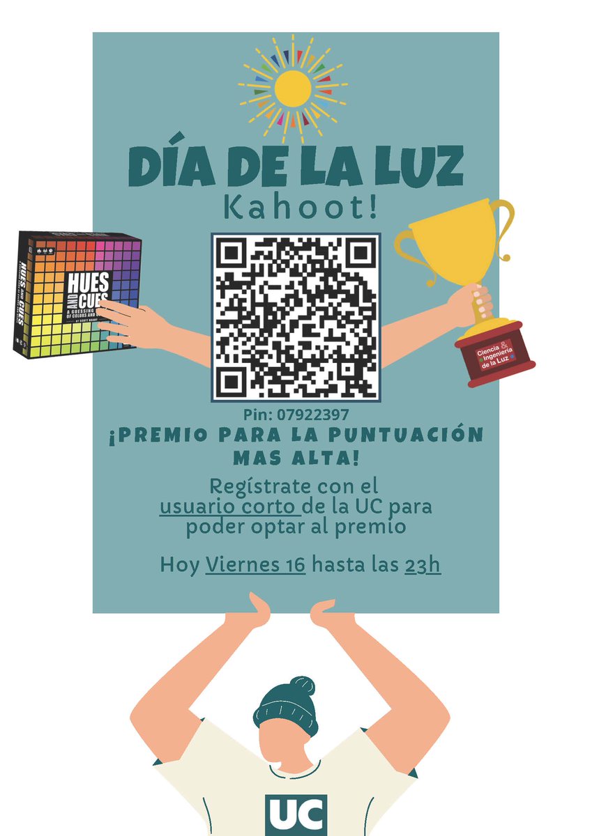 Día de la Luz ... en Teleco
Desde ahora mismo hasta mañana a las 23 horas está disponible un Kahoot, temática: luz; con Juego de Mesa para el mejor. Mira las instrucciones en este cartel adjunto o en nuestras redes sociales ( @gif_unican en Instagram, <a href="/GIF_unican/">Grupo de Ingenieria Fotonica</a>en X).
