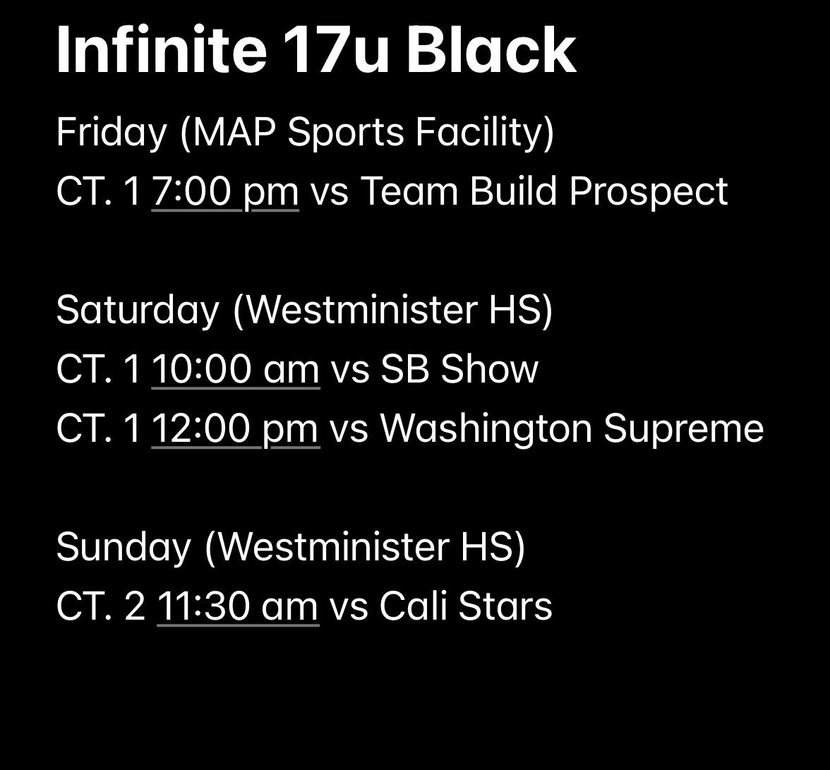 Infinite 17u Black Schedule 
<a href="/EHACircuit/">EHACircuit</a> x <a href="/madehoops/">MADE Hoops</a>