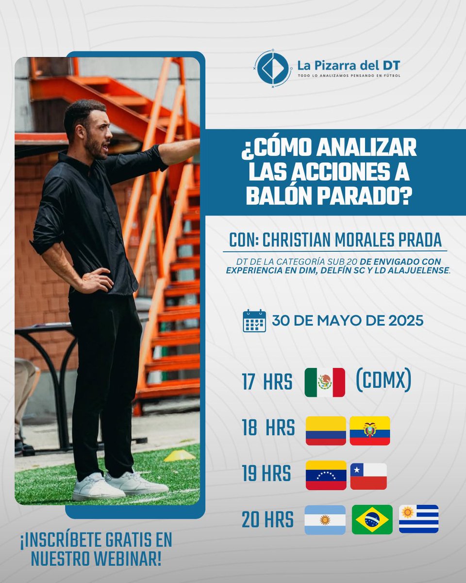 🚨 ¡El 30 de mayo llega nuestro próximo WEBINAR GRATUITO!

 ¿Cómo analizar las acciones a balón parado? 🎓

Christian Morales, DT Sub 20 de Envigado, compartirá su experiencia en esta fase clave del juego.

¡Te esperamos!

link de inscripción gratuita 👇🏾

lapizarradeldt.com/webinars/webin…