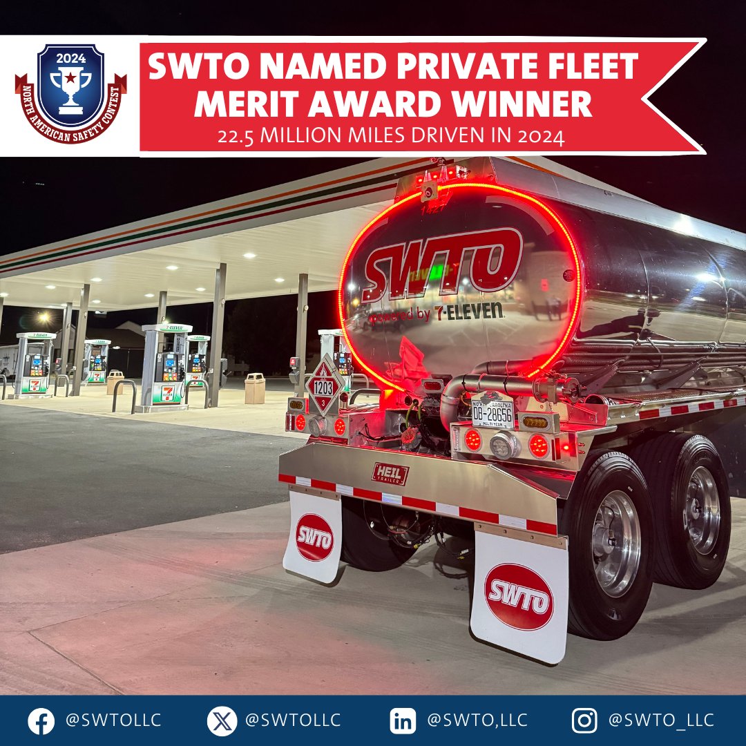 SWTO was announced a 2024 National Tank Truck Carriers North American Safety Contest Honor Award Winner in the Class 3 Private Fleet Category after driving 22.5 MILLION miles over the year.

#HeilTrailerInternational #safety #trucking #NASC2024 #NTTC