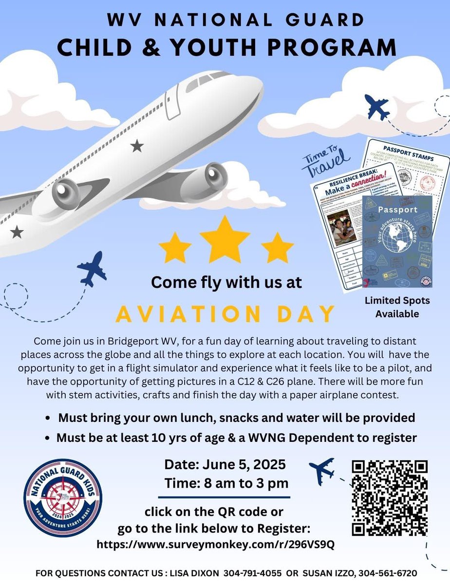 Come Fly with us in Bridgeport on June 5, 2025. Come explore places across the globe, experience flying in a flight simulator, stem projects and compete in a paper airplane contest. 
This event is only for military dependents ages 10 and up.  
Register: surveymonkey.com/r/296VS9Q