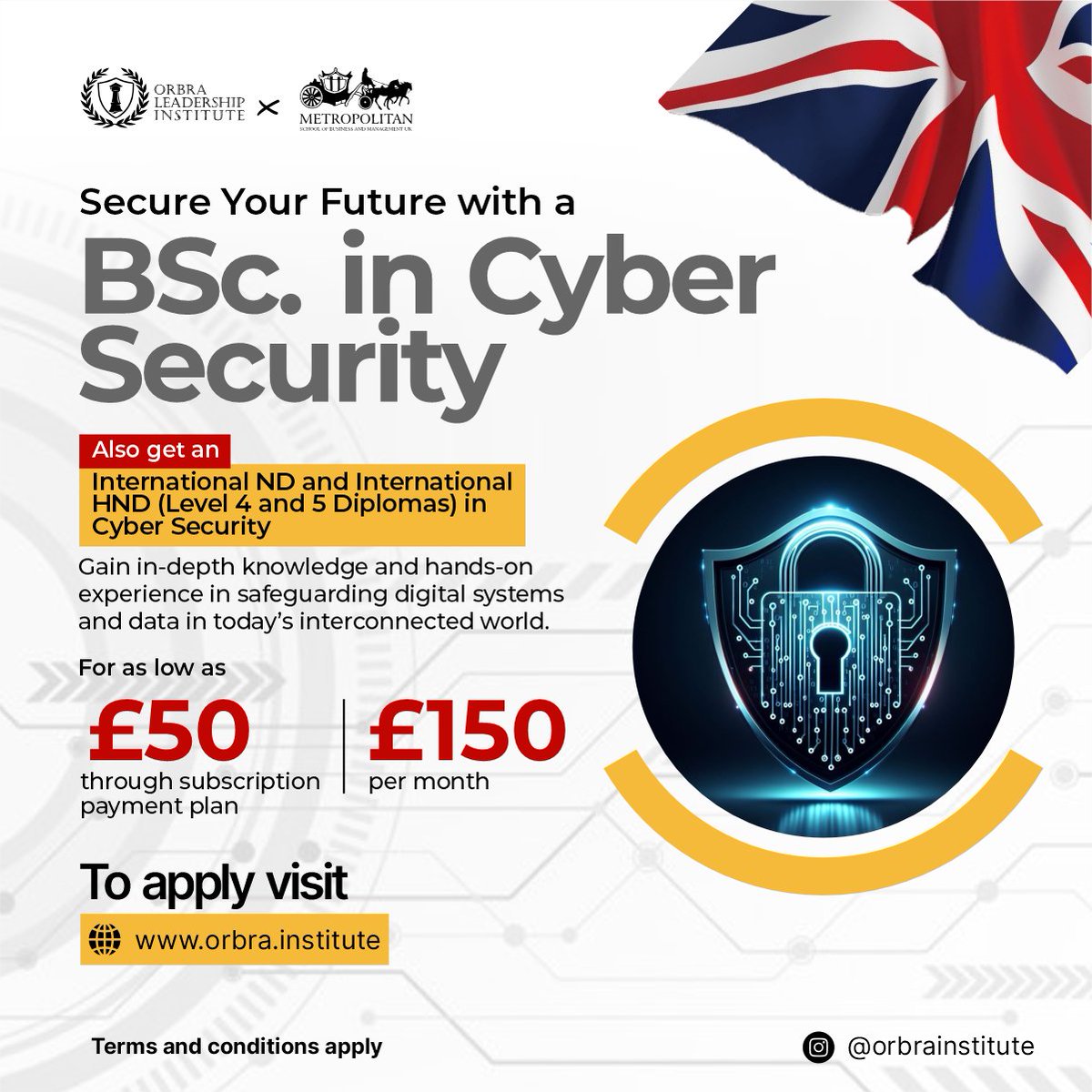 orbraleadership's tweet photo. Secure your future in the digital world!
Earn a BSc. in Cyber Security and gain globally recognized ND &amp; HND diplomas 
Start for as low as £50 through our flexible payment plan!
 Visit https://t.co/JY0hYB8Z5E to apply now.

#CyberSecurity #TechCareer #BScCyberSecurity https://t.co/5hdFPBwS3N