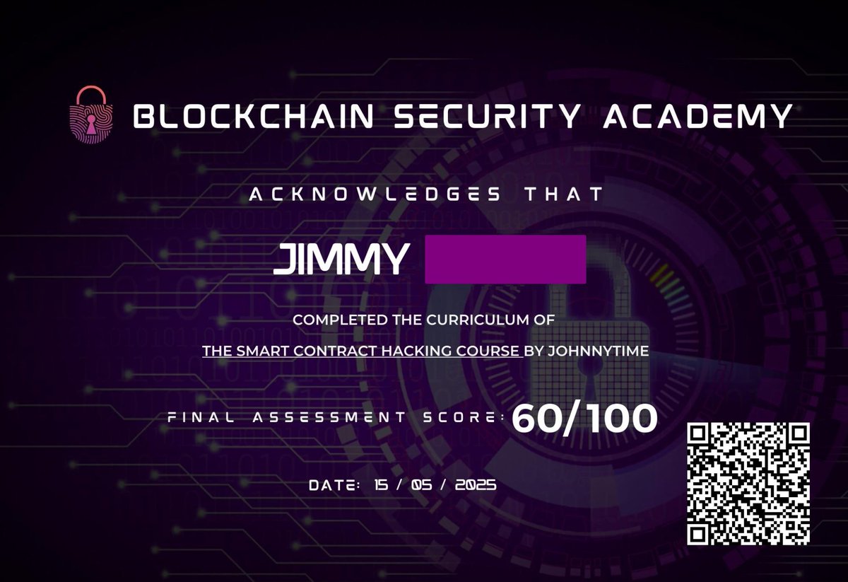 AnonDynamo's tweet image. As part of my transition from Web2 Pentesting to Web3, The first achievement is in. 
Completed the Smart Contract Hackers Course by @RealJohnnyTime 🔥

Exam was quite a bit harder than I anticipated to be fair. And 30 minutes time limit also adds a lot of stress! 

#web3Audit