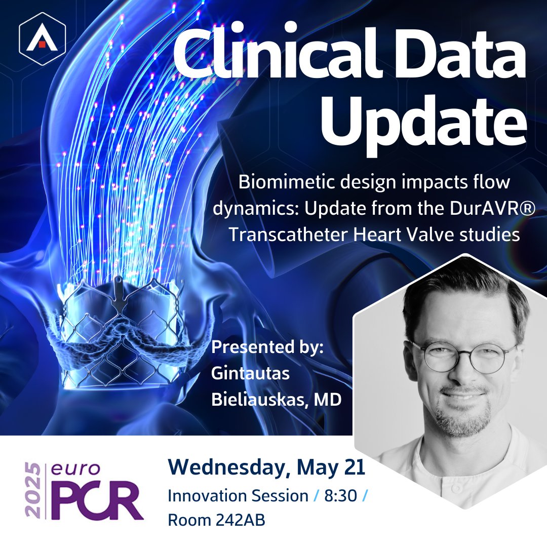 AnterisTech's tweet image. Attending EuroPCR? Tune in to the innovation session presentation on Wednesday, May 21 by Dr. Gintautas Bieliauskas to learn about the impact of DurAVR® THV’s biomimetic design on flow dynamics and see the latest clinical data from this new class of TAVR!
#TAVI #TAVR…