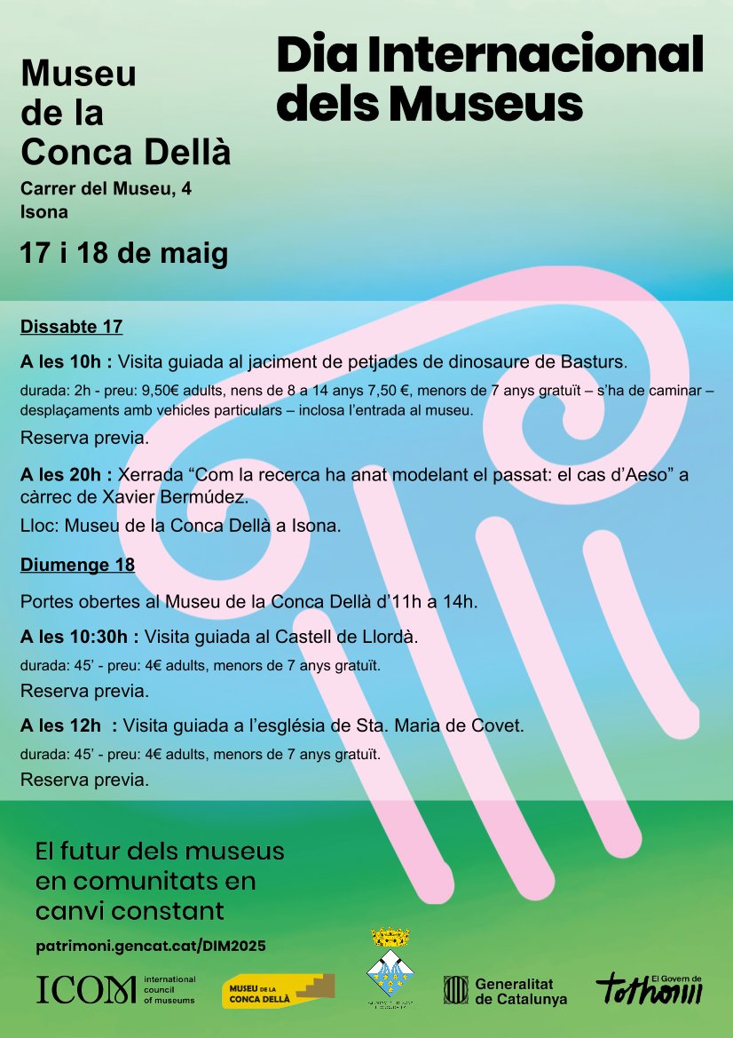 Museu Conca Dellà (@museuconcadella) on Twitter photo Bona tarda! Són les us-hem-de-recordar-les-activitats-del-Museu-per-aquest-cap-de-setmana en punt!
Dissabte, visita al jaciment de Basturs i xerrada sobre la recerca a l'Aeso romana; diumenge, visites a Llordà i Covet.
#DIM2025 Bona tarda! Són les us-hem-de-recordar-les-activitats-del-Museu-per-aquest-cap-de-setmana en punt!
Dissabte, visita al jaciment de Basturs i xerrada sobre la recerca a l'Aeso romana; diumenge, visites a Llordà i Covet.
#DIM2025