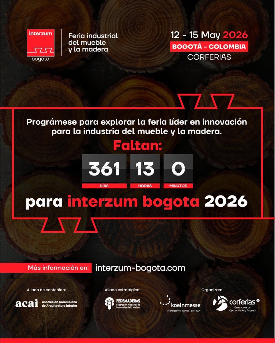 En un año, #interzumbogota 2026 abrirá sus puertas para reunir a visionarios, líderes y profesionales del sector del mueble y la madera.

🔗 Prográmese, reserve su espacio o conozca cómo ser visitante --> interzum-bogota.com
