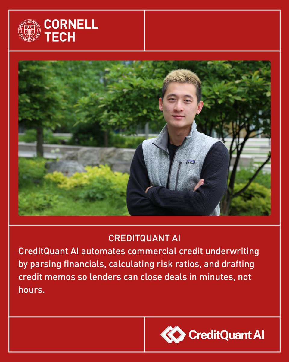 Cornell Tech (@cornell_tech) on Twitter photo Announcing CreditQuant AI, founded by Adam Liu, MBA ‘25, as a finalist in the 2025 Startup Awards competition at Cornell Tech’s #StartupAwards + #OpenStudio!
Join us May 16: eventbrite.com/e/spring-2025-…
<a href="/CornellMBA/">Cornell Johnson</a> Announcing CreditQuant AI, founded by Adam Liu, MBA ‘25, as a finalist in the 2025 Startup Awards competition at Cornell Tech’s #StartupAwards + #OpenStudio!
Join us May 16: eventbrite.com/e/spring-2025-…
<a href="/CornellMBA/">Cornell Johnson</a>