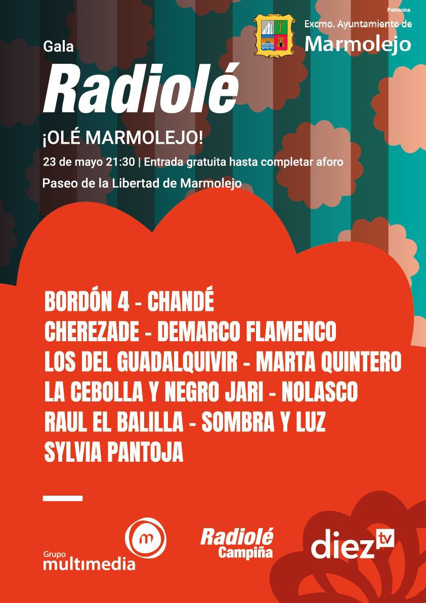 No te pierdas la Gala Radiolé el 23 de mayo a las 21:30 en el Paseo de la Libertad de Marmolejo. Entrada gratuita hasta completar aforo. Con <a href="/Chandeautor/">chande</a> <a href="/CherezadeMusic/">Cherezade Oficial</a> <a href="/Demarcoflamenco/">Demarco Flamenco</a> <a href="/MartaQuintero/">Marta Quintero</a> <a href="/SOMBRAYLUZ_Ofic/">SOMBRA Y LUZ</a> entre otros artistas.