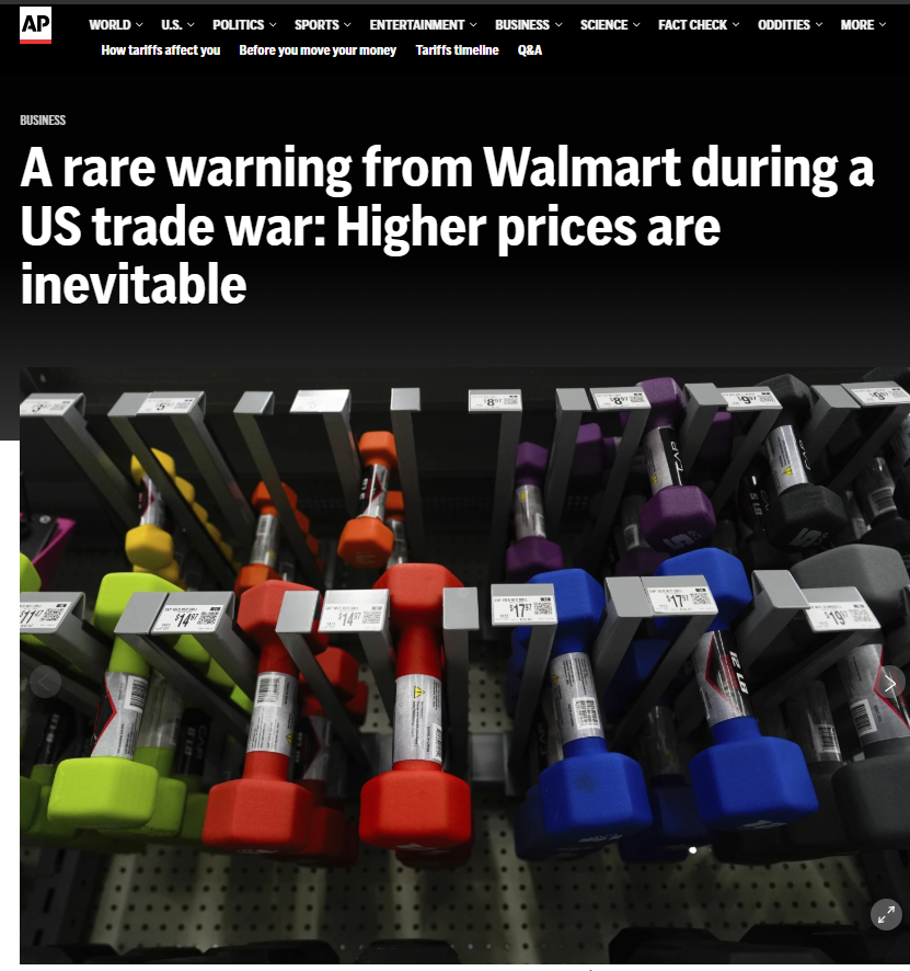 ScienceDJX's tweet photo. NEW YORK (AP) — Walmart, which became the nation’s largest retailer by making low prices a priority, has found itself in a place it’s rarely been: Warning customers that prices will rise for goods ranging from bananas to car seats. https://t.co/ooZDWzdQNS