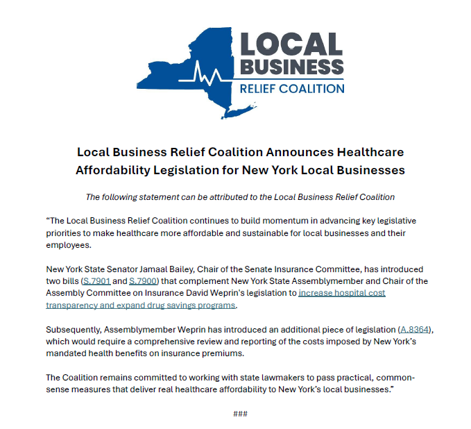 LocalBizRelief's tweet image. Thanks to NY Senator @jamaaltbailey &amp;amp; Assemblyman @DavidWeprin for championing bills to boost hospital cost transparency, expand drug savings &amp;amp; review the impact of mandated health benefits on premiums.

Full statement ▶ localbizreliefny.com/wp-content/upl…
