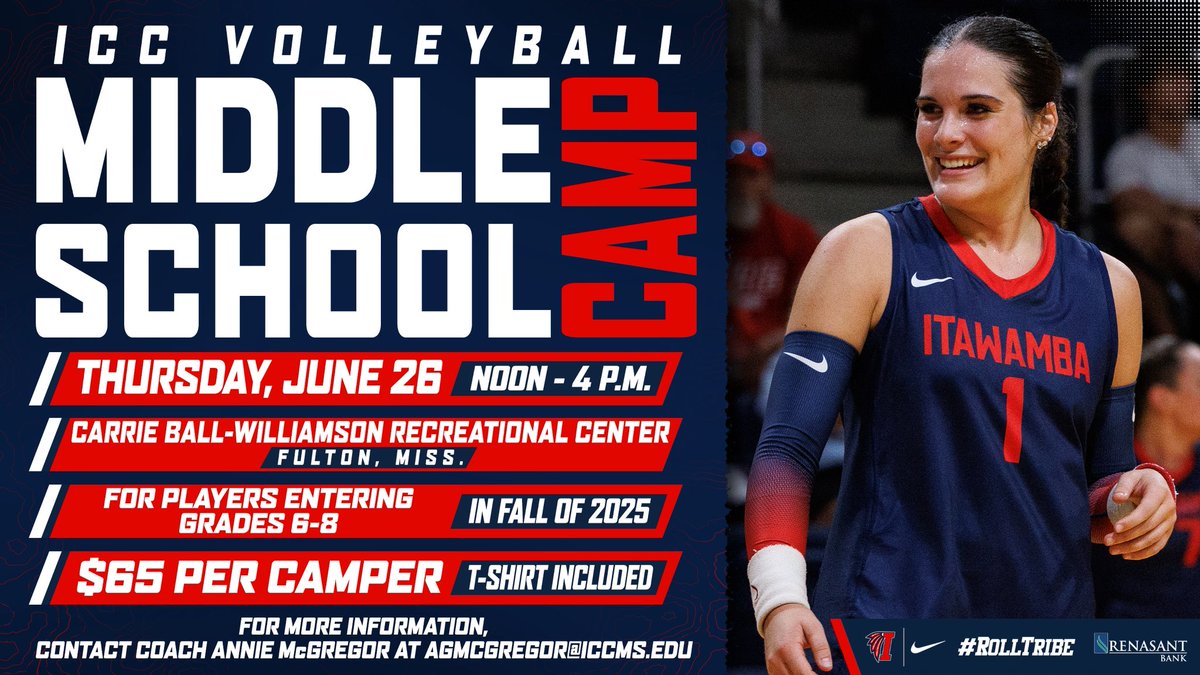 🚨Camp Announcement🚨
Our Volleyball Middle School Camp will be June 26! This is for players entering 6th-8th grade and will cover all skills!  Registration is $65 (includes t-shirt). 
Register at commerce.cashnet.com/ICCMSCAMPS?cna…