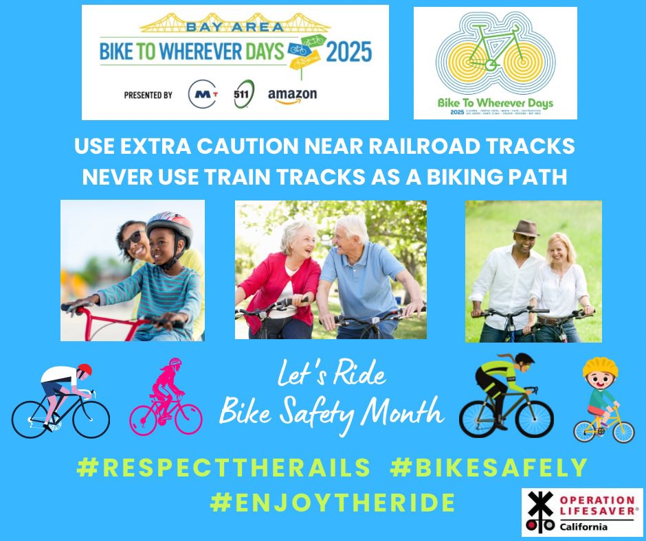 CAOpLifeSaver's tweet image. It’s CA Bay Area #BikeToWhereverDays. No matter where you live, use extra caution when riding your bike near railroad tracks. Never use tracks as a biking path. Use designated railroad crossings only. #BikeSafetyMonth #StayOffTheTracks #StayAlert #RespectTheRails #EnjoyTheRide