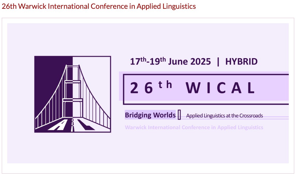 drdavidweidai's tweet image. Very much looking forward to giving a keynote speech on Critical Interactonal Competence (CritIC) in human-AI interaction at the Warwick International Conference in Applied Linguistics this June. Registration is still open and hope to see many friends and colleagues in Warwick!