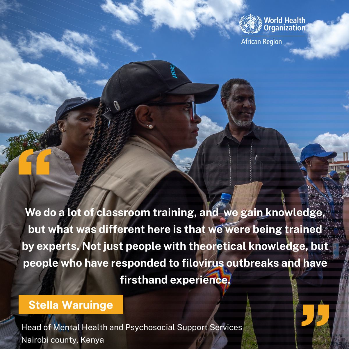 WHO African Region (@whoafro) on Twitter photo Stella Waruinge is a health emergency first responder at <a href="/MOH_Kenya/">Ministry of Health</a>, specializing in mental health and psychosocial services. This week she took part in <a href="/WHO/">World Health Organization (WHO)</a>'s filovirus disease outbreak readiness and response training in #Nairobi, Kenya 🇰🇪 Stella Waruinge is a health emergency first responder at <a href="/MOH_Kenya/">Ministry of Health</a>, specializing in mental health and psychosocial services. This week she took part in <a href="/WHO/">World Health Organization (WHO)</a>'s filovirus disease outbreak readiness and response training in #Nairobi, Kenya 🇰🇪