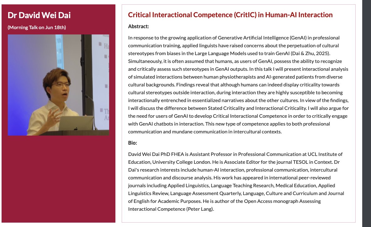 drdavidweidai's tweet image. Very much looking forward to giving a keynote speech on Critical Interactonal Competence (CritIC) in human-AI interaction at the Warwick International Conference in Applied Linguistics this June. Registration is still open and hope to see many friends and colleagues in Warwick!