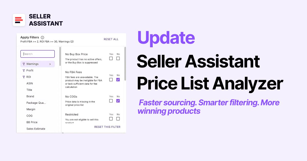 SellerAssistApp's tweet photo. 🚀 We’ve just added powerful filters to Price List Analyzer!
✔️ ROI, profit, BSR, restrictions, and more
✔️ Instantly find profitable, safe deals from supplier lists
👉 Short guide:
https://t.co/UnnPHac1Sy
#AmazonFBA #SellerAssistant #OnlineArbitrage https://t.co/gEMFiEzFQ3