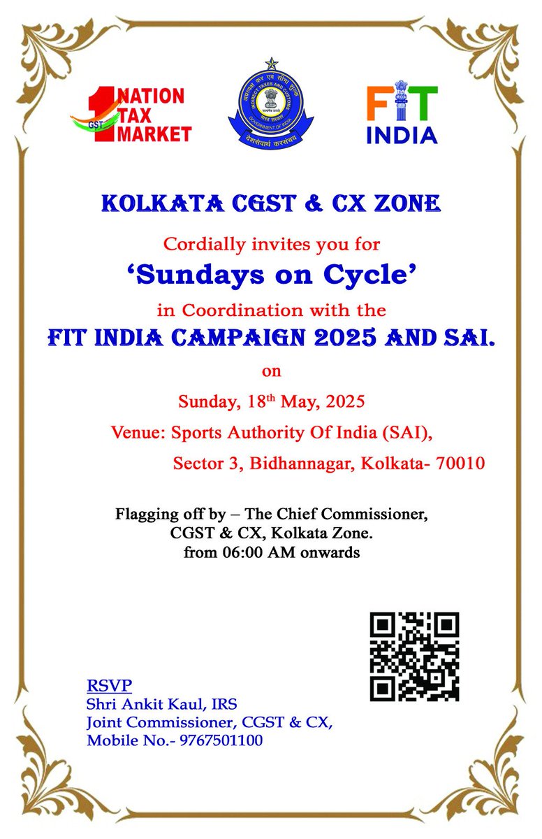 CgstHowrah's tweet photo. Cycle Marathon is being organised by CGST &amp; Central excise Kolkata zone in Cordination with FIT India campaign at pre GST day2025 activity at  SAI,Netaji Estern Centre KA block, Sector 3  BidhanNagar kolkata 700106 on 18.05.2025 from 06:00 AM onwards.
#fitindia @cbic_india #dgts https://t.co/nXWpTus8qc