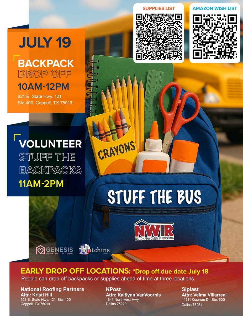 It’s time to #StuffTheBus for a great cause! The NWIR DFW Council Backpack Drop-Off event is underway. Check out the flyer for details on how to get involved:

Sign Up Sheet: docs.google.com/forms/d/e/1FAI…