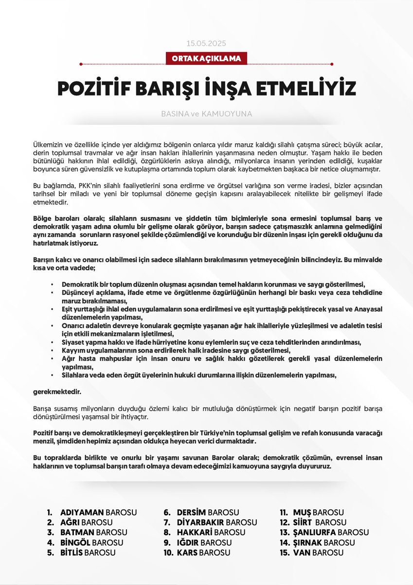 Diyarbakirbaro's tweet photo. Bölge Barolarından Ortak Açıklama;

“POZİTİF BARIŞI İNŞA ETMELİYİZ”