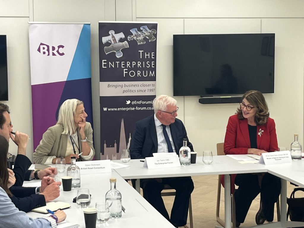 EntForumUK's tweet image. A huge thank you to @DianaJohnsonMP, Minister of State for Policing and Crime Prevention for joining @EntForumUK and @the_brc members today to discuss the Crime and Policing Bill and specifically “Tackling Retail Crime”. And thank you to our kind hosts @the_brc.