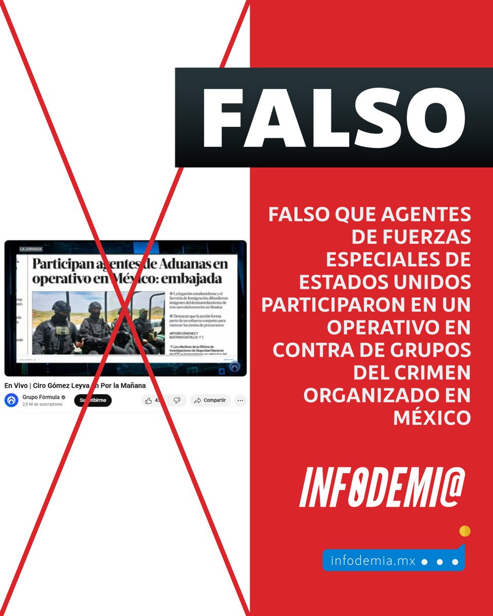 infodemiaMex's tweet image. ❌Falso que agentes de Fuerzas Especiales de #EEUU participaron en un operativo en contra de grupos del crimen organizado en #México
✅La @USEmbassyMEX en México aseguró el 15 de mayo que es falso que "fuerzas especiales estadounidenses operan contra grupos criminales en…