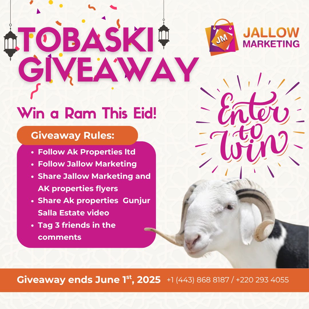 Jallow Marketing (@jallowmarketing) on Twitter photo TOBASKI GIVEAWAY ALERT! π
π How to Enter:
β
Follow <a href="/AkPropertiesltd/">Ak Properties Ltd</a>
β
Follow <a href="/jallowmarketing/">Jallow Marketing</a>
β
Share <a href="/jallowmarketing/">Jallow Marketing</a> and <a href="/AkPropertiesltd/">Ak Properties Ltd</a> flyers
β
Share the Gunjur Salla Estate video
β
Tag 3 friends in the comments
π
Giveaway ends June 1st, 2025
π+220 293 4055 TOBASKI GIVEAWAY ALERT! π
π How to Enter:
β
Follow <a href="/AkPropertiesltd/">Ak Properties Ltd</a>
β
Follow <a href="/jallowmarketing/">Jallow Marketing</a>
β
Share <a href="/jallowmarketing/">Jallow Marketing</a> and <a href="/AkPropertiesltd/">Ak Properties Ltd</a> flyers
β
Share the Gunjur Salla Estate video
β
Tag 3 friends in the comments
π
Giveaway ends June 1st, 2025
π+220 293 4055
