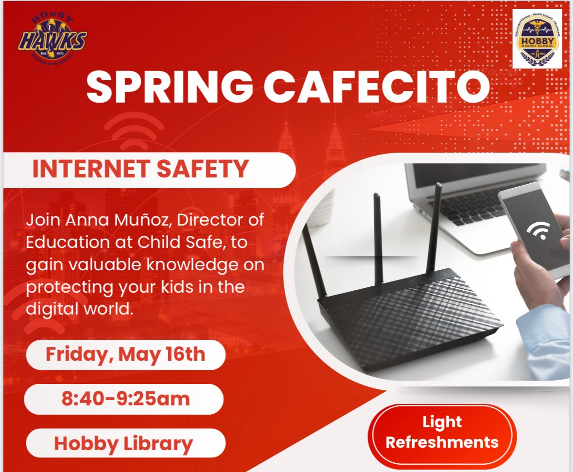 Hobby Counselors (@hobbycounselors) on Twitter photo Please join us at the Hobby MS library tomorrow morning, 5/16 @ 8:40am for a Parent Cafecito with a special presentation by ChildSafe about keeping kids safe online. We will see you there! <a href="/NISDHobbyHealth/"><a href="/NISDHobby/">William P Hobby</a>Health</a> @NISDHobby <a href="/NISDCounseling/">NISD Counseling</a> <a href="/ChildSafe/">ChildSafe</a> #InternetSafety Please join us at the Hobby MS library tomorrow morning, 5/16 @ 8:40am for a Parent Cafecito with a special presentation by ChildSafe about keeping kids safe online. We will see you there! <a href="/NISDHobbyHealth/"><a href="/NISDHobby/">William P Hobby</a>Health</a> @NISDHobby <a href="/NISDCounseling/">NISD Counseling</a> <a href="/ChildSafe/">ChildSafe</a> #InternetSafety
