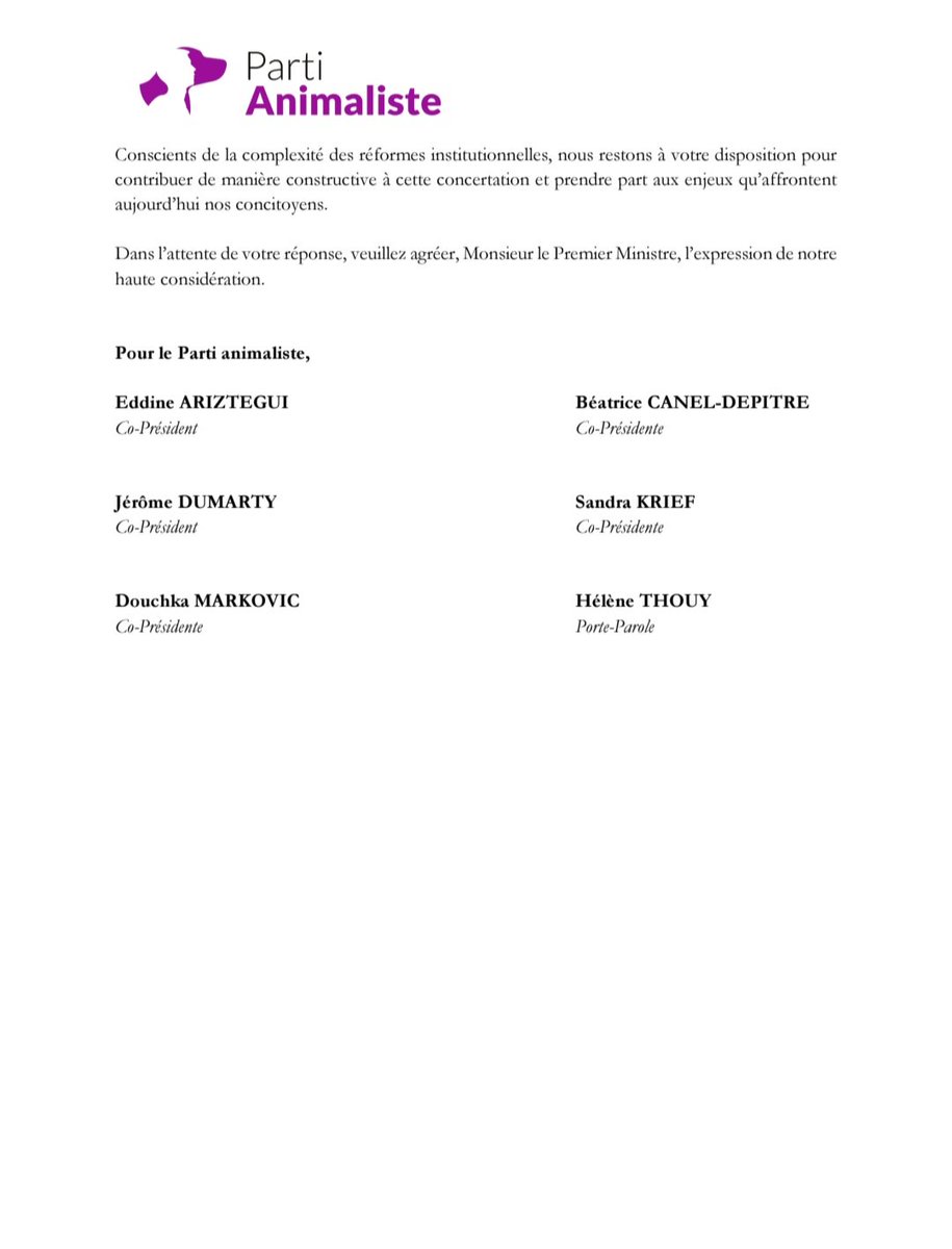 [🟣 Lettre ouverte à destination de François <a href="/bayrou/">François Bayrou</a>]

Privé de consultation et de représentation parlementaire malgré sa capacité à rassembler près de 500 000 électeurs, le Parti animaliste réaffirme l’importance d’instaurer la proportionnelle intégrale aux #législatives.