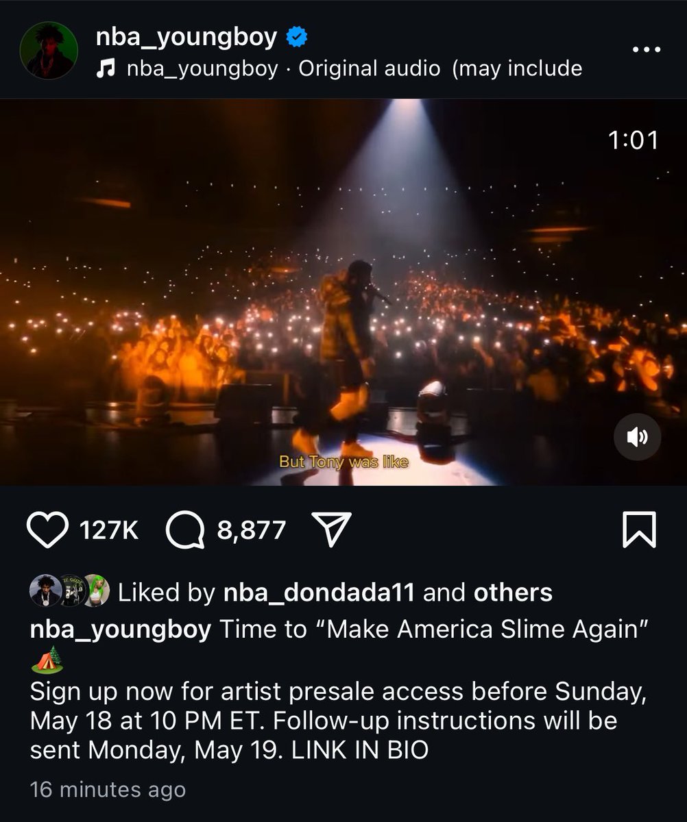 FLMadeDJ2001's tweet image. NBA Youngboy has reached 1M views on instagram in 15 minutes announcing his MASA Make America Slime Again Tour 🔥