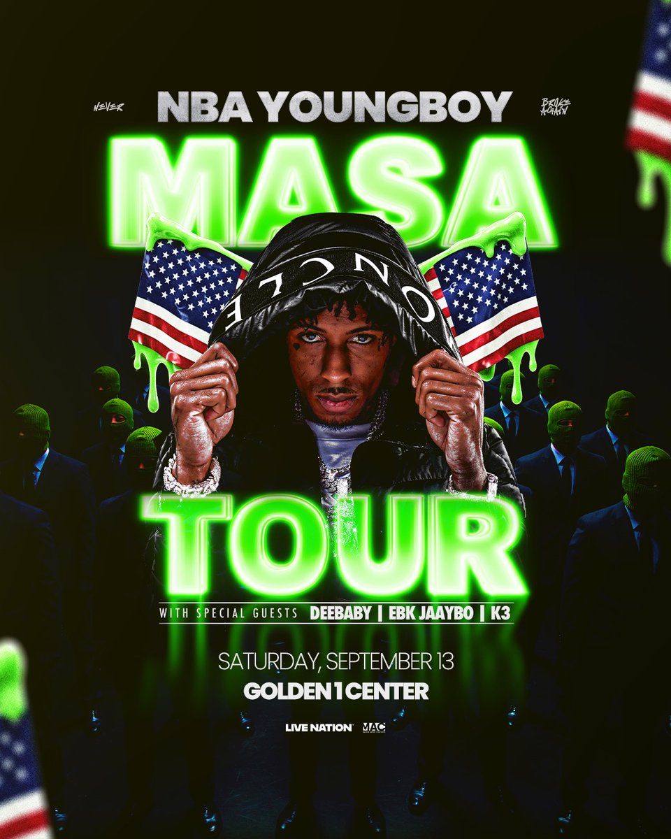 NBA YoungBoy is hitting the road for the very first time. He’s bringing the MASA TOUR to Golden 1 Center on on Sept. 13! 

Sign up now for Artist Presale access at livemu.sc/nbayoungboy